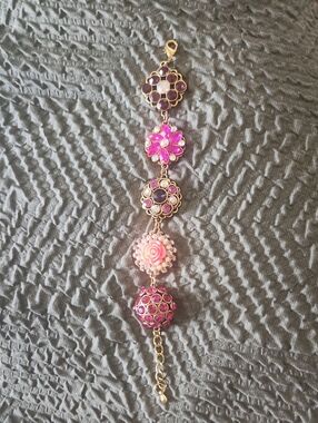 Gold-Tone Pink Floral Charm Bracelet - Women Jewelry